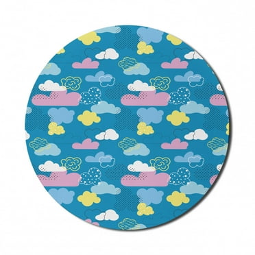 Cartoon Mouse Pad for Computers, Nursery Style Fluffy Clouds with Polka Dots, Round Non-Slip Thick Rubber Modern Gaming Mousepad, 8" Round, Sea Blue Pastel Yellow, by Ambesonne