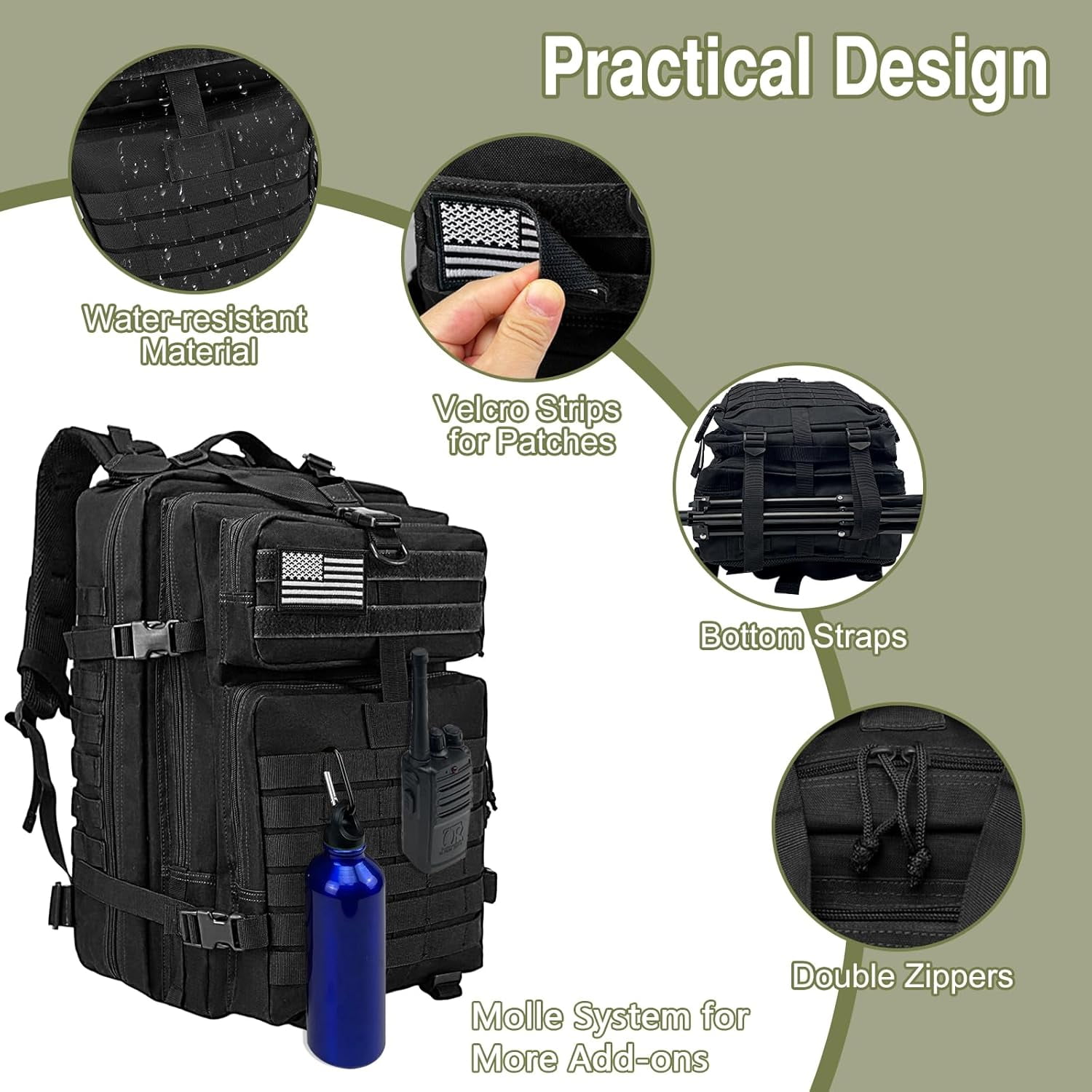 WOLT | 50L Durable Backpack--Durable 900D Nylon with Molle System & Laptop Compartment Large Hiking Backpacks Black