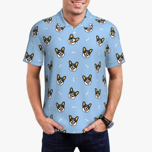 Logiee Corgi Dog Print Mens Polo Shirts,Mens Golf Polo Shirts,Short Sleeve Casual Polo Shirts for Men,Summer Fashion Beach Shirts-Small