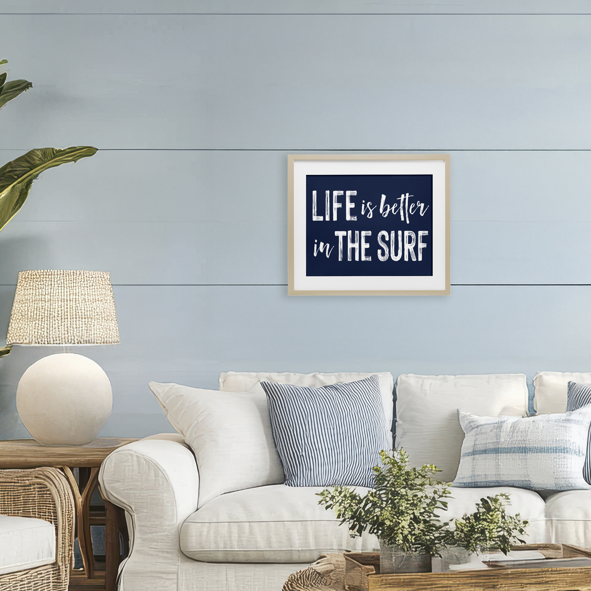 Life Better In Surf Birch Framed Print Under Glass, design by Lettered and Lined