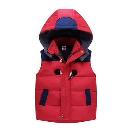 

BIZIZA Toddler Baby Vest Color Block Sleeveless Hooded Pockets Padded Zip Up for 1-8Y Chlid Tops Red 130