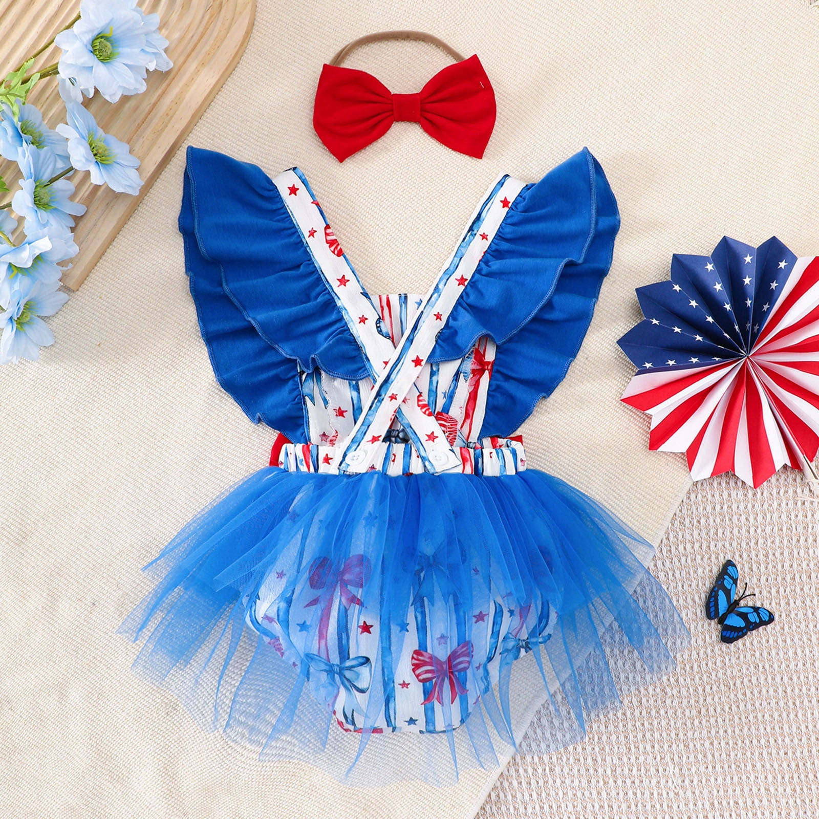 Baby Girl Bubble Romper Baby Girls Fly Sleeve Independence Day 4Th of July Prints Romper Bodysuits Dress Baby Romper Blue 0 Months-3 Months