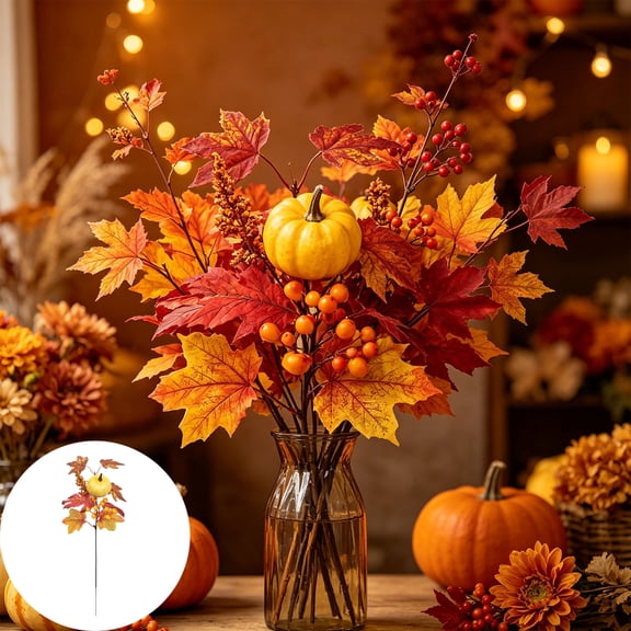 18.9in Fall Artificial Sunflower Maple Leaf Pumpkin Floral Pick, Mixed Berry Autumn Faux Flower Stem, Halloween Thanksgiving Decor, Indoor Outdoor Vase Mantel Porch Table Table Centerpiece Supplies