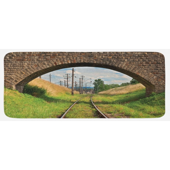Landscape Kitchen Mat, Stone Bridge Old Railway Cloudy Sky Trees Grass Long Journey Tranquil View Print, Plush Decorative Kitchen Mat with Non Slip Backing, 47" X 19", Green Brown, by Ambesonne