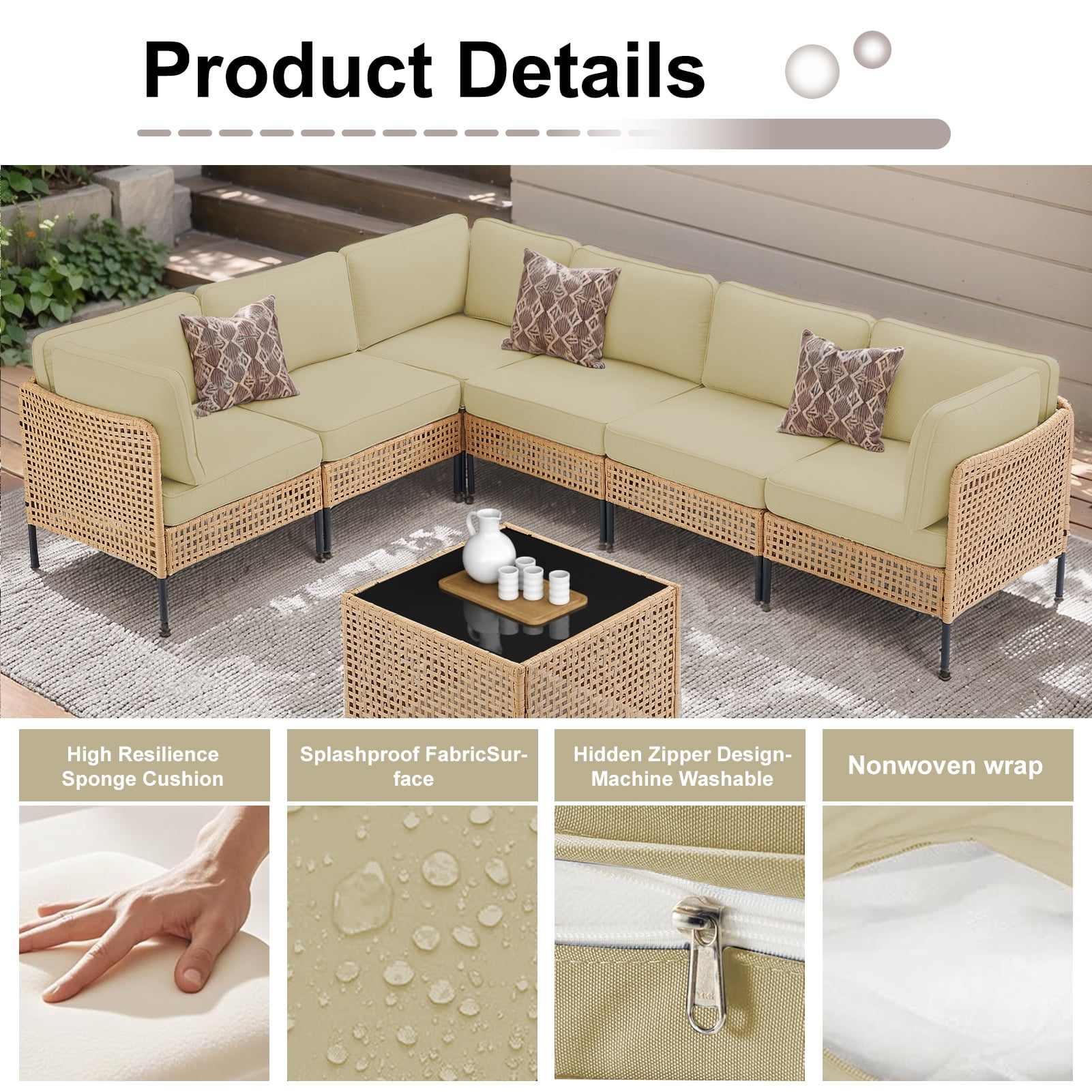 XXLYY Outdoor Replacement Cushions for Patio Furniture, 14 Piece Patio Sectional Cushions, 4" Water-Resistant Replacement Sofa Cushions Fits 6-seat Rattan Conversation Set