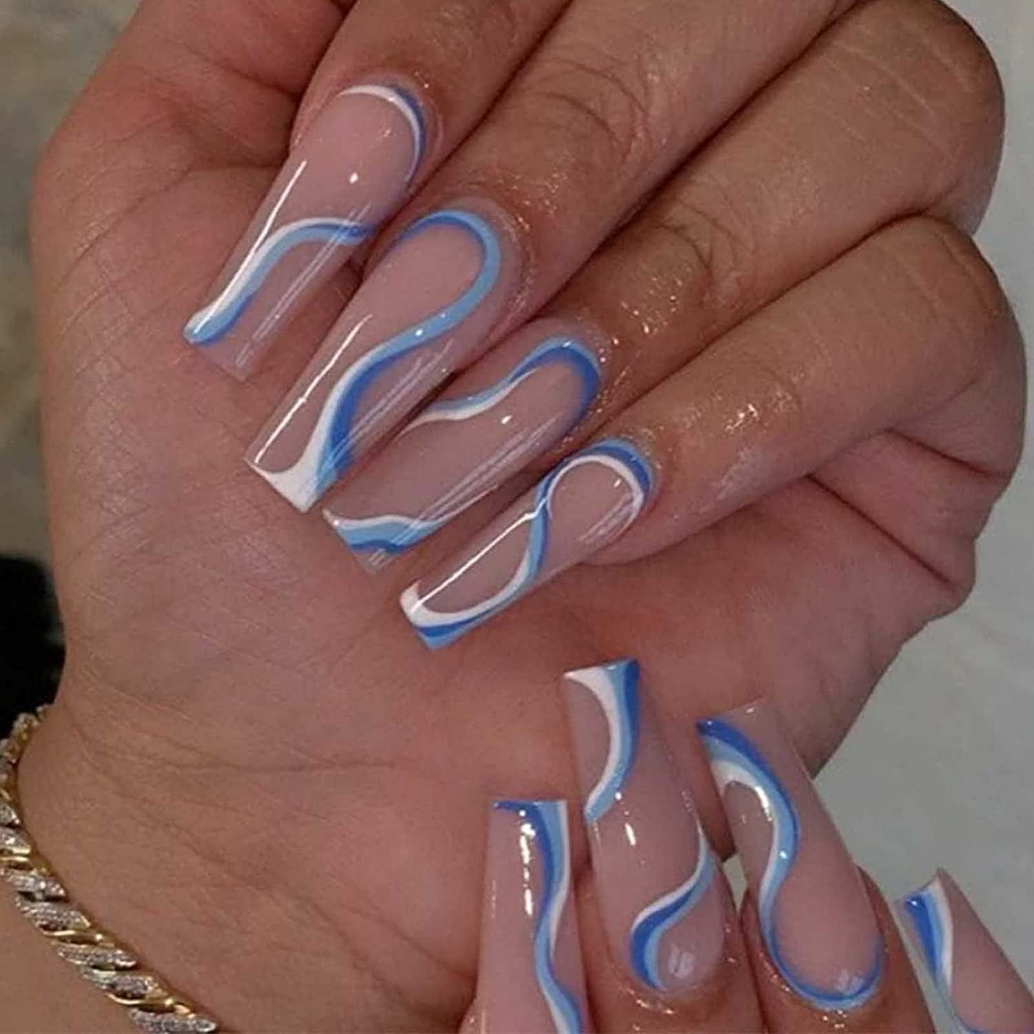 Pink Press On Nails Coffin Fake Nails Acrylic Full Cover Rainbow Matte False Nails For Women And Girls24pcs Water Ripple Walmart Com