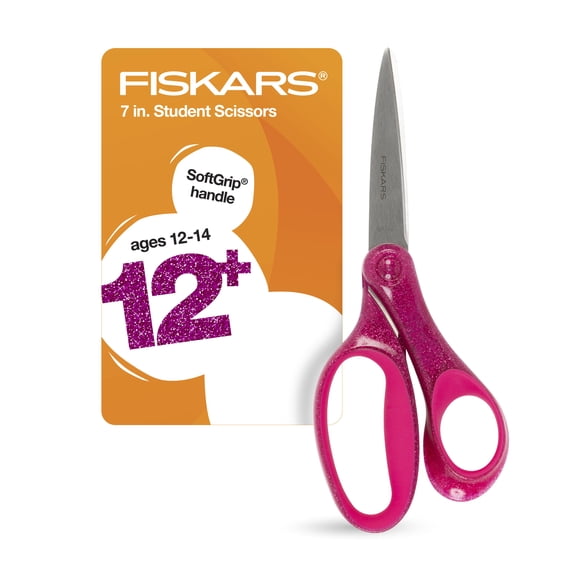 Fiskars Student Scissors, 7", Pointed, School Supplies for Kids 12 and Up, Pink Glitter
