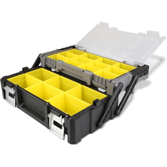 18 Inch Portable Cantilever Tool Box Organizer with Removable Compartments, Plastic Hardware Storage Box with Transparent Lid, Metal Locks & Aluminum Handle for Screws, Nails, Nuts。