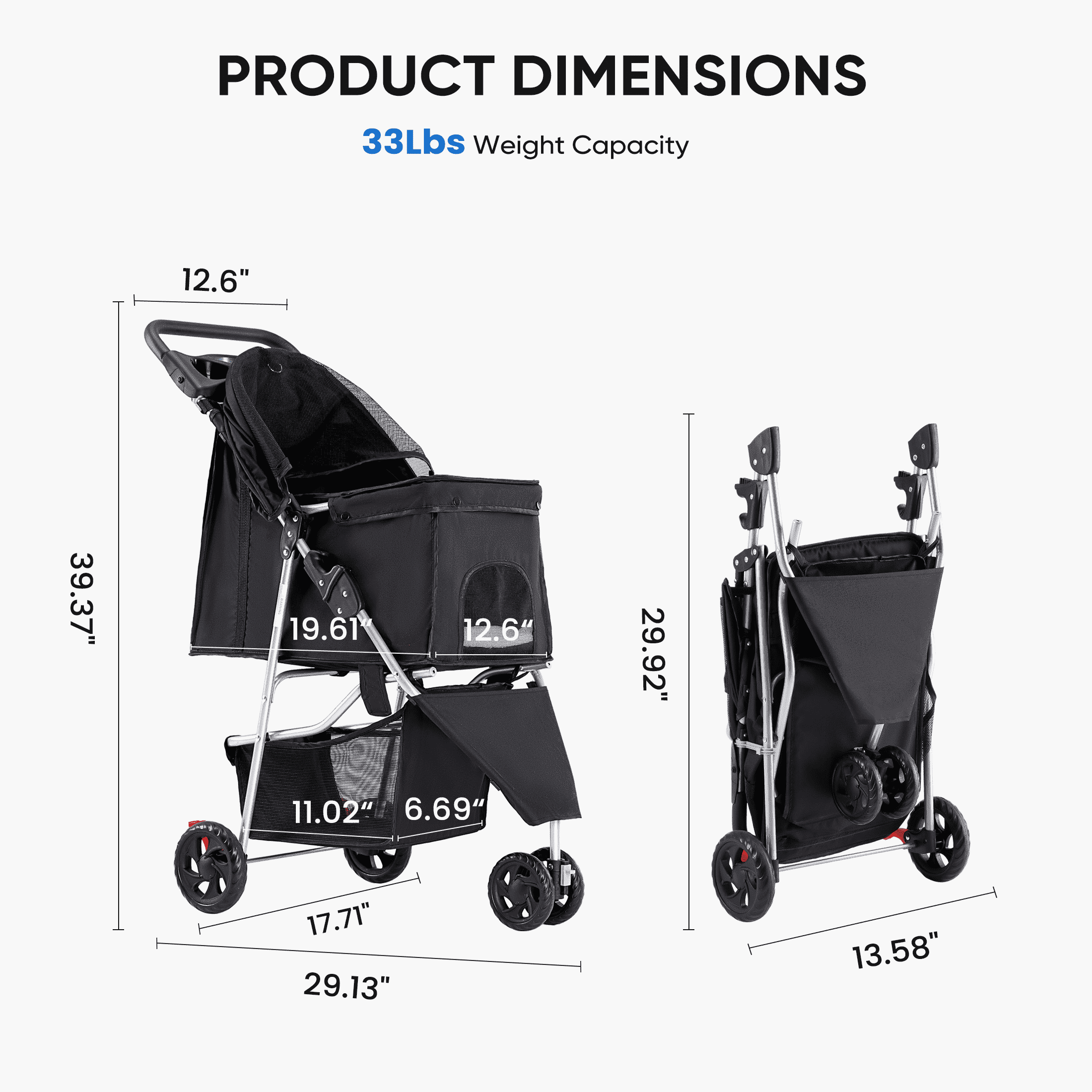 MAYEERTY Foldable Pet Stroller for Small-Medium Dogs/Cats with Storage Basket