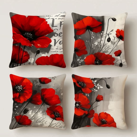HUGNEO 14x14 Inch Red Gray Floral Pillow Cover, Artistic Decorative Cushion Case for Sofa Bedroom, No Insert