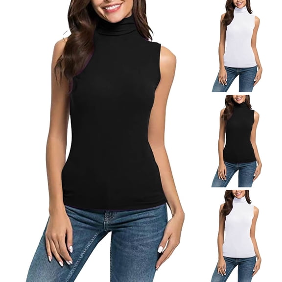 Women's Casual Sleeveless Turtleneck Tee Shirt Blouse Top, Solid Color Loose Fit Breathable Summer Fashion T-Shirt | CSEONE,Black L