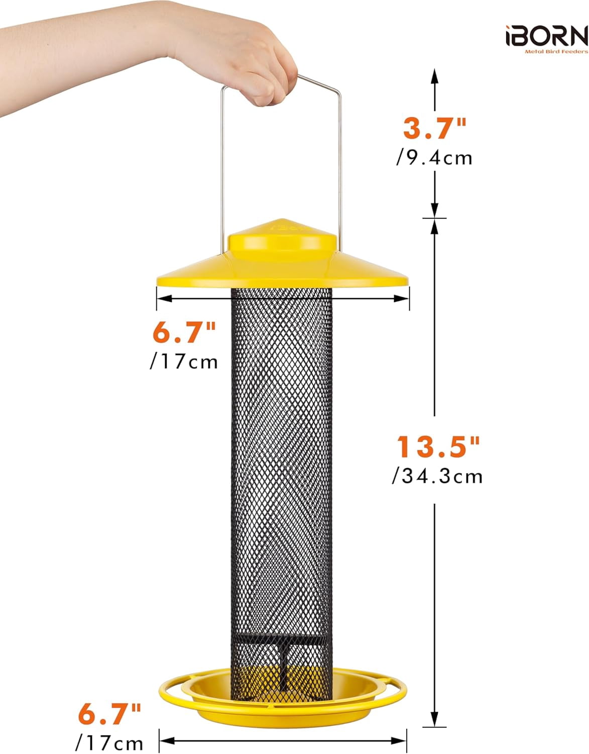 Finch Feeders for Outside,Thistle Bird Feeders for Outdoors Hanging,Nyjer Seed Feeder,Metal Mesh Tube Bird Feeder 13.5 Inch with 17cm Weatherproof Large Roof and Tray,2 LB Capacity,Yellow