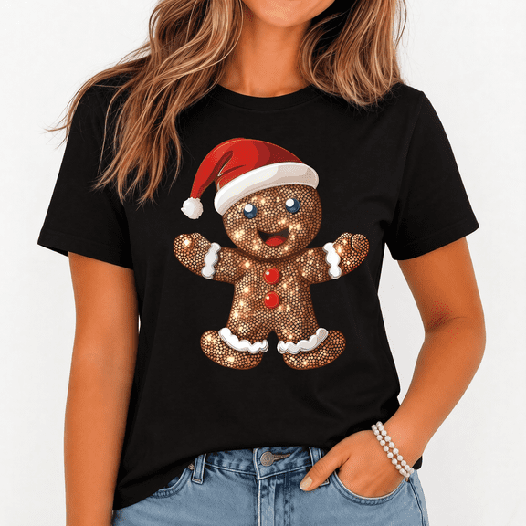 Women's Christmas Gingerbread Man Santa Hat T-Shirt, Faux Sequin Print Xmas Tee