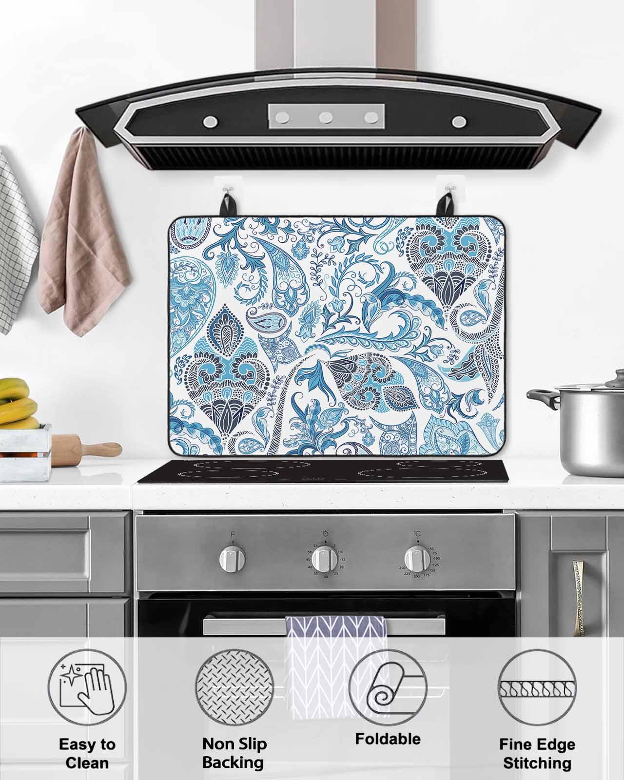 nqOlkjepod Large Induction Cooktop Protector Mat 36"x21", Blue Paisley Stove Top Covers for Electric Stove, Ethnic Abstract Art Vintage Decorative Stove Burner Cover Mats, Glass Top Stove Cover