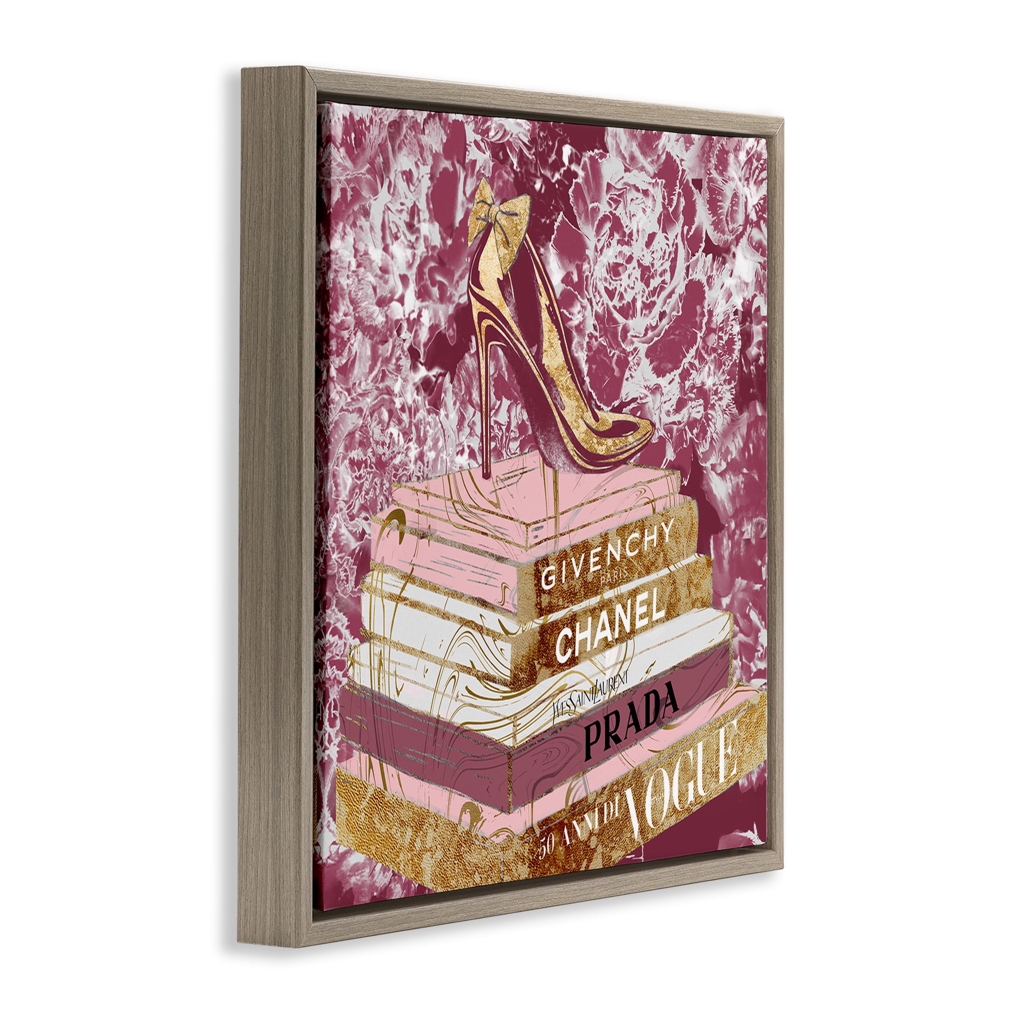 Stupell Industries Pink Glitz Heel on Bookstack Beauty & Fashion Painting Brown Floater Framed Canvas Art Print Wall Art, 18 x 18