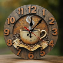 Wall Clock Decorative - Rustic Brown Coffee Cup Print 2D Vintage Wall Clocks Battery Operated Silent Non-Ticking for Bedroom, Living Room, Kitchen, Office, Classroom, 10 Inch