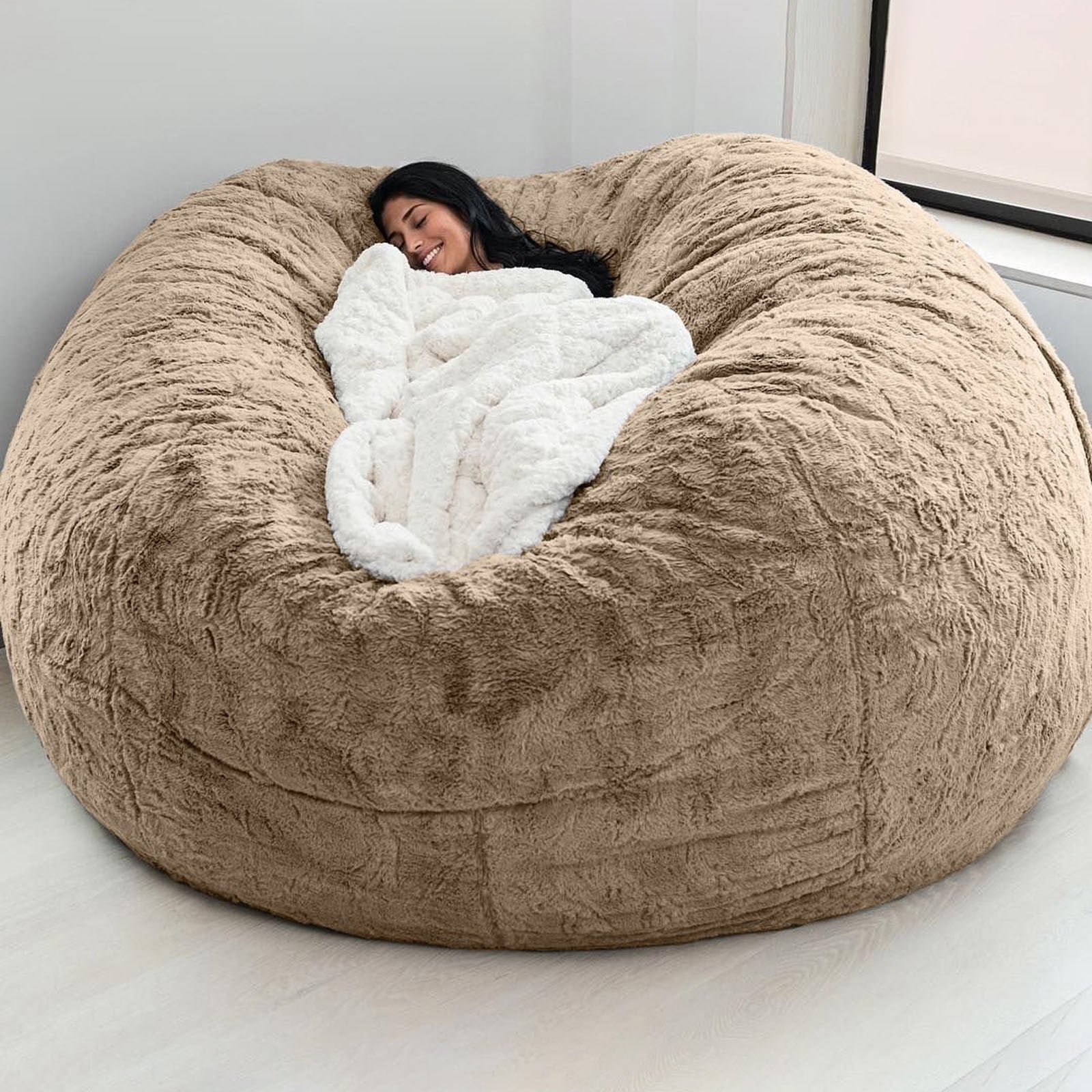 XEOVHV Giant Fur Bean Bag Chair Cover for Kids Adults, Living Room Furniture Big Round Soft Fluffy Faux Fur Beanbag Lazy Sofa Bed Cover(Cover only, No Filler, Khaki, 7FT)