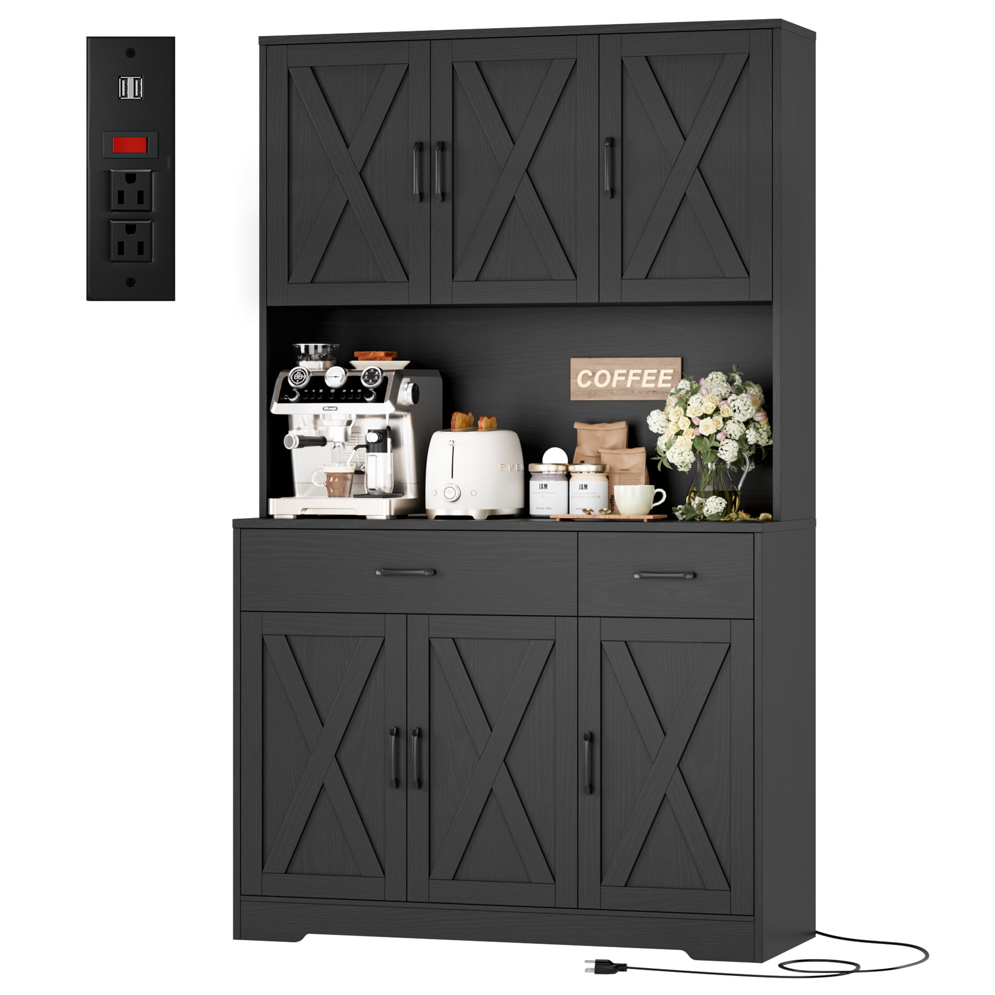 Homfa 71" Kitchen Pantry with Charging Station, Freestanding Cupboard with Adjustable Shelves, Floor Cabinet for Dining Room, Black Wood Grain