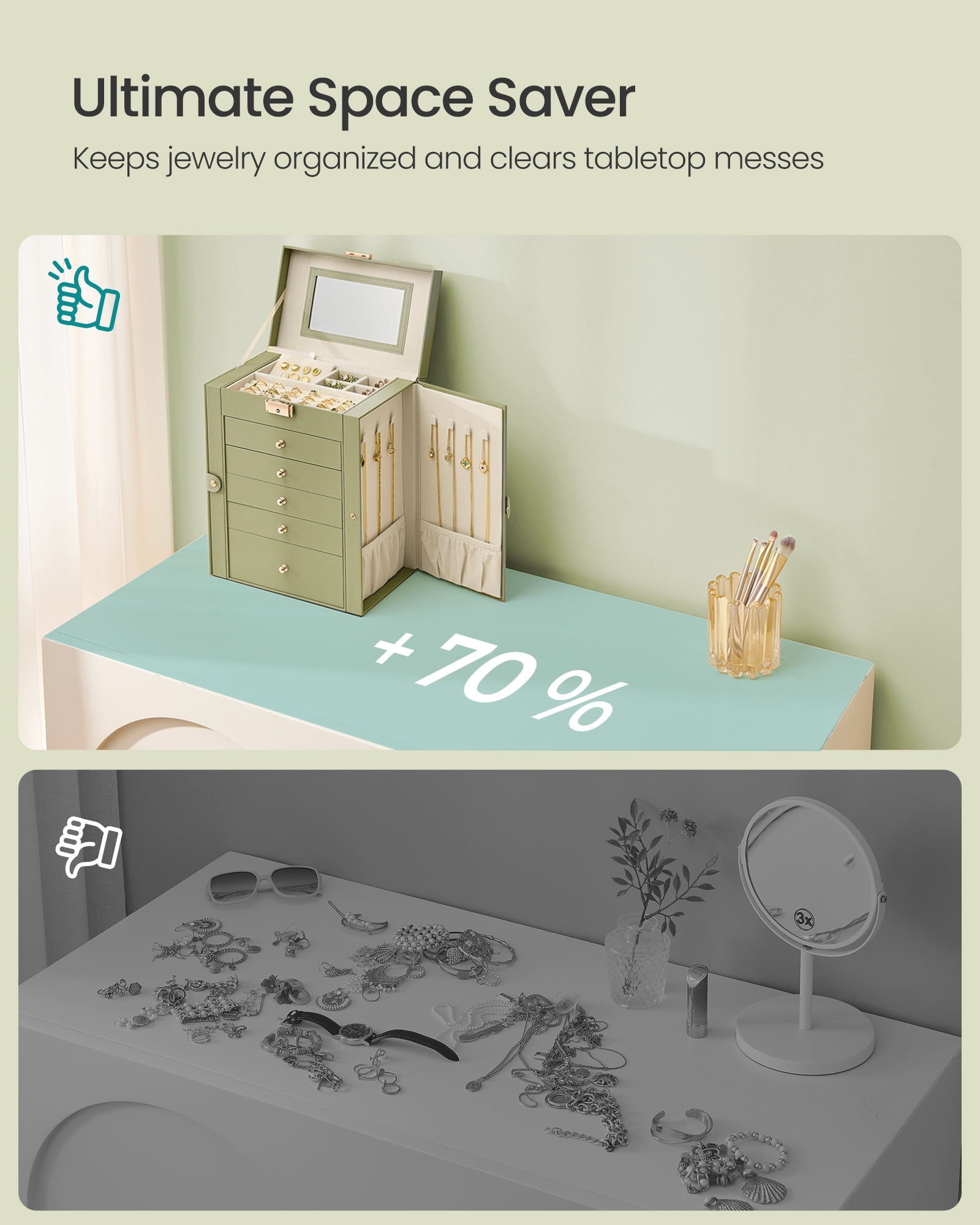 SONGMICS 6-Layer Jewelry Box Organizer with 5 Drawers, Jewelry Storage Case with Lock and Mirror, Large Storage Capacity, Gift for Loved Ones, for Necklaces, Watches, Sage Green