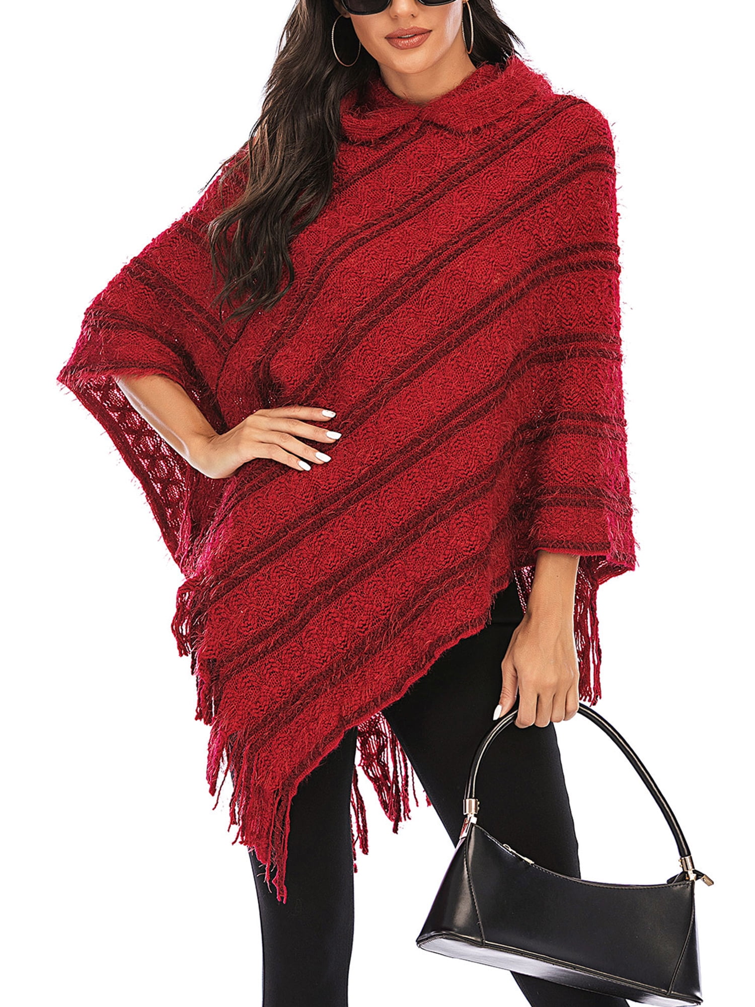Winter Fringe Poncho Plus Size Knit Shawl Wrap Cardigan Cape Scarf for Women