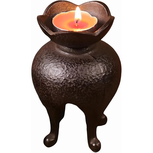 SECHUDO Japanese Style Cast Iron Candle Holder, Small Handmade Vintage Candlestick Holders, Rustic Pillar Candle Holder, Farmhouse Candle Stand for Fireplace Shelf Home Decor (4.53" Tall Pattern)
