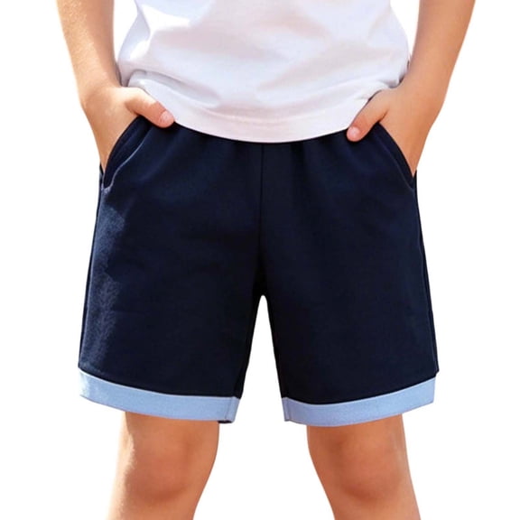 hoksml Boys Running Shorts Cotton Back to School Elastic Waistband with Built-in Drawstring Color Block Cuff Athletic Shorts