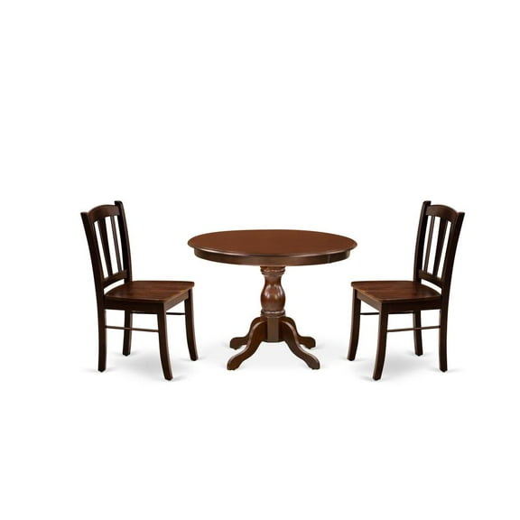 East West Furniture HBDL3-MAH-W - 3-Pc Dining Room Table Set- 2 Kitchen Dining Chairs and Dining Room Table - Wooden Seat and Slatted Chair Back - Mahogany Finish