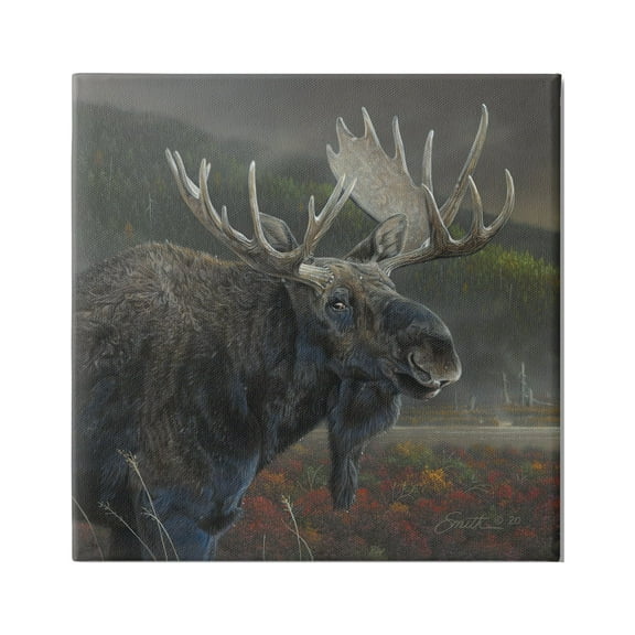 Stupell Industries Moose Dark Forest Landscape Animals & Insects Painting Gallery Wrapped Canvas Print Wall Art