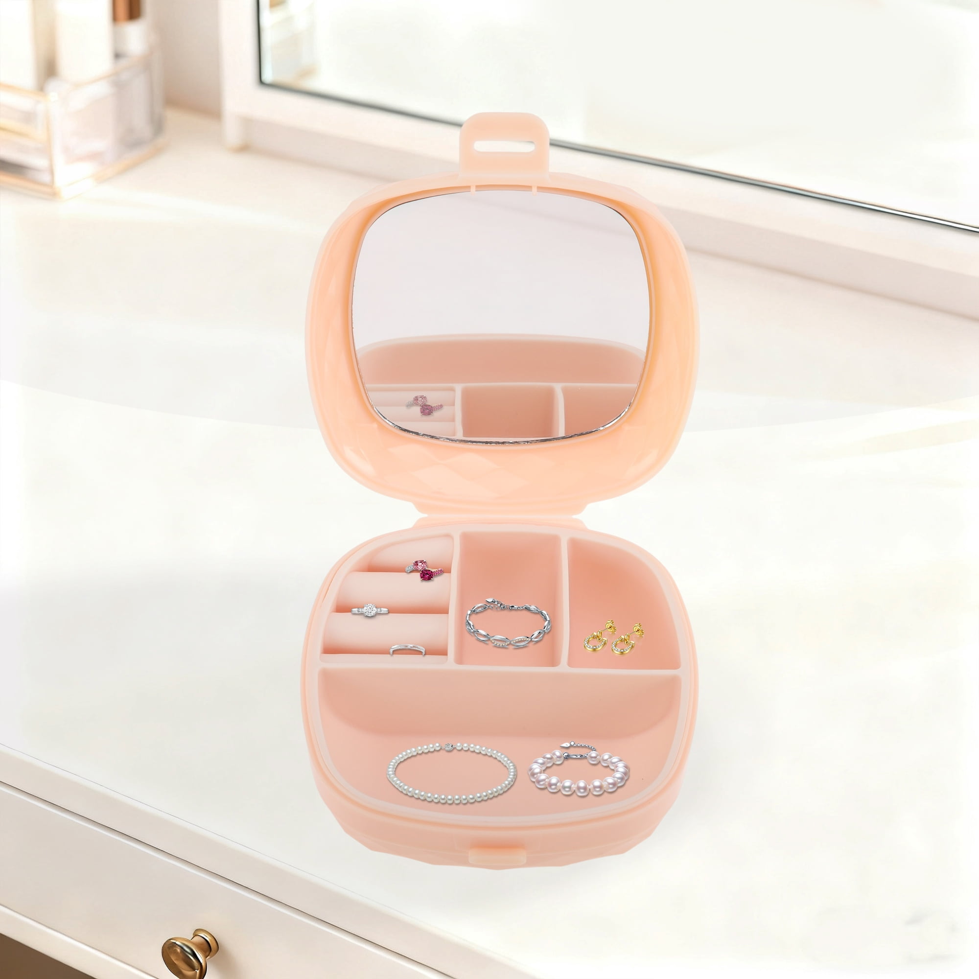 Unique Bargains Multi-Function Stylish Jewelry Box Organizer With Mirror Pink