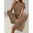 thumbnail image 4 of Women'S Casual Summer Travel Vacation Wear Two-Piece Suit Short Sleeve Wide Leg Pants Casual Suit Coffee S, 4 of 5