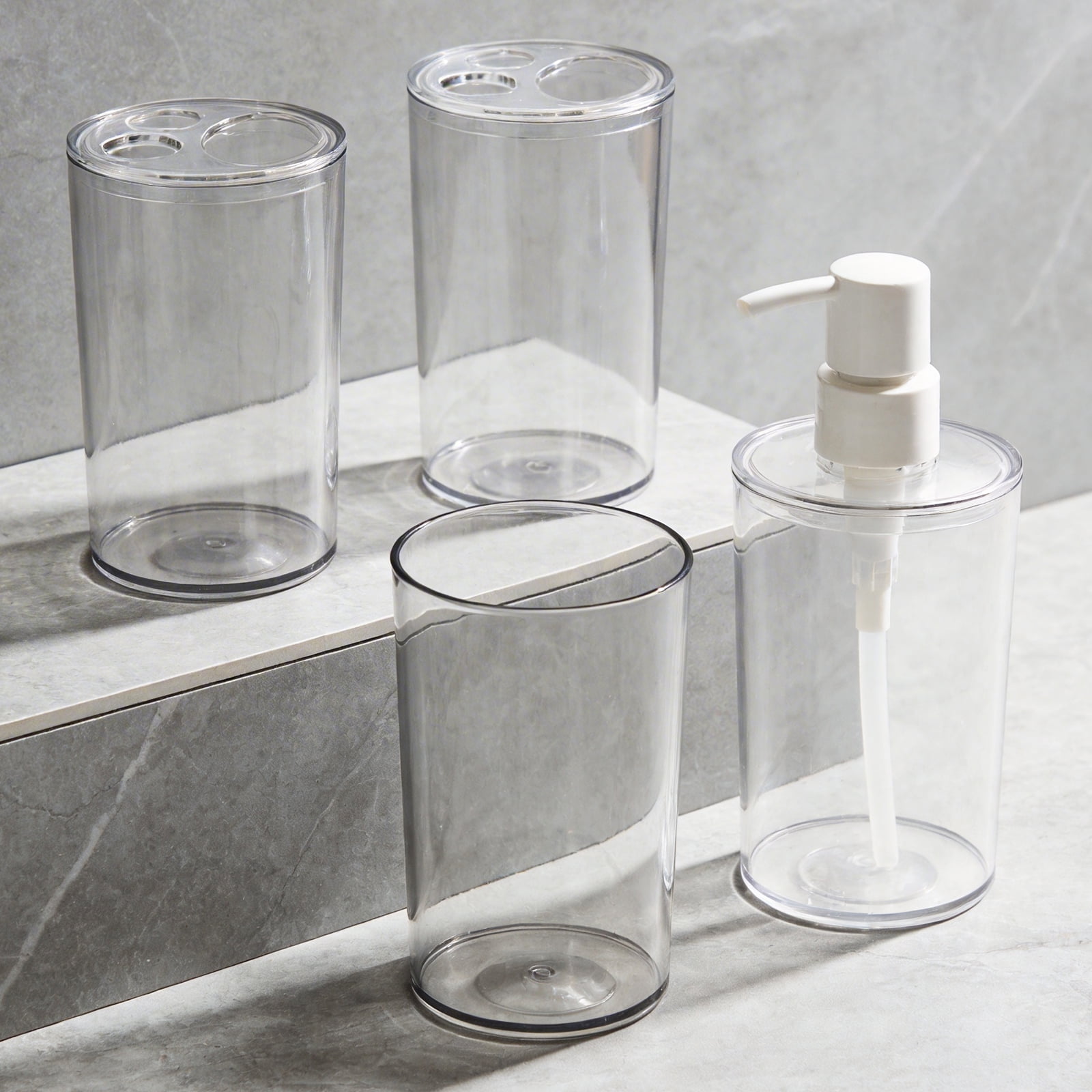 Koomade Clear Plastic 3 Toothbrush Holders + 1pc Soap Dispenser Bathroom Organization Set