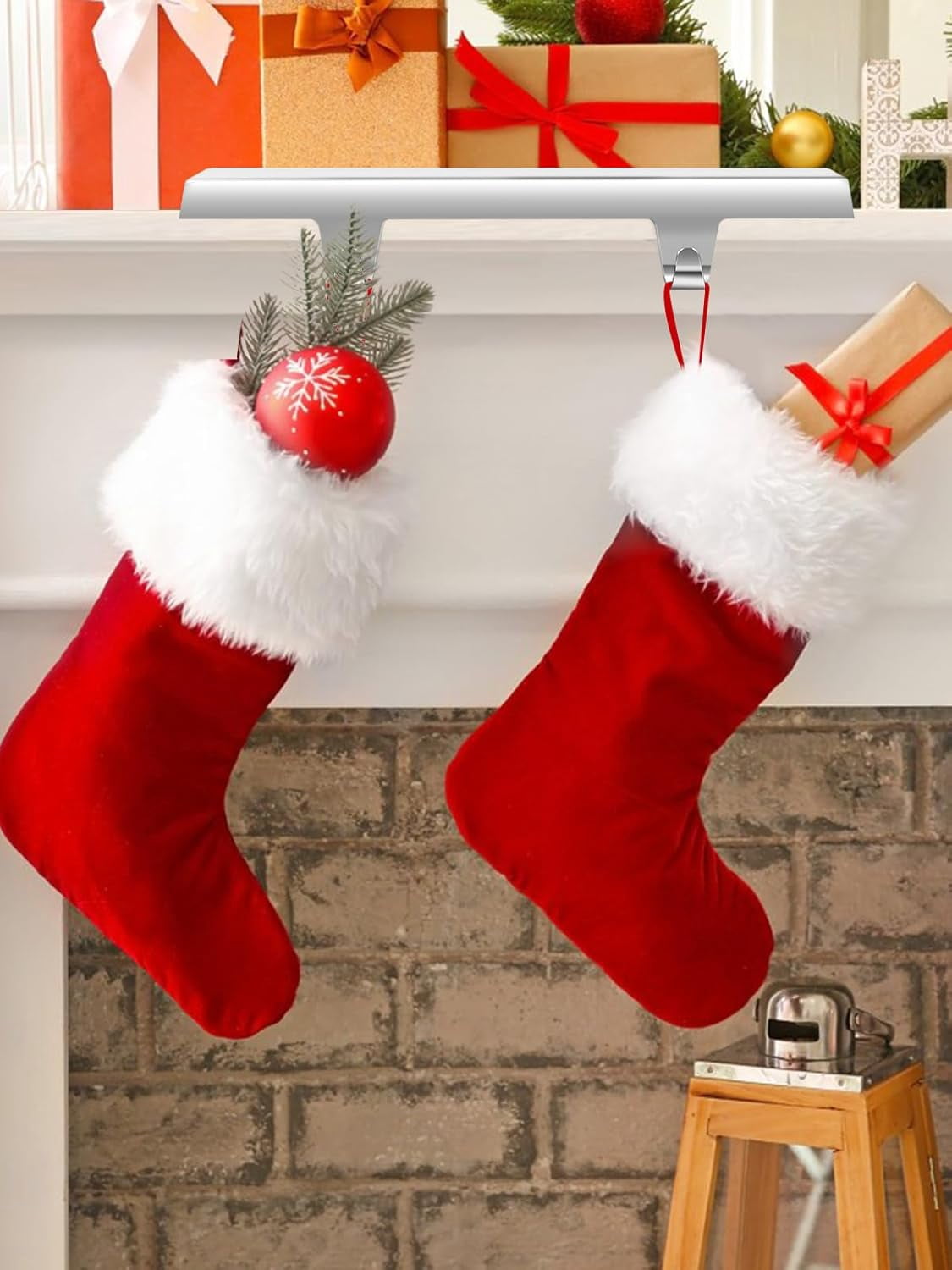 Kalolary Set of 4 Christmas Stocking Holders, Free-Standing Mantel Hangers for Fireplace Decoration, Silver Christmas Party Decor