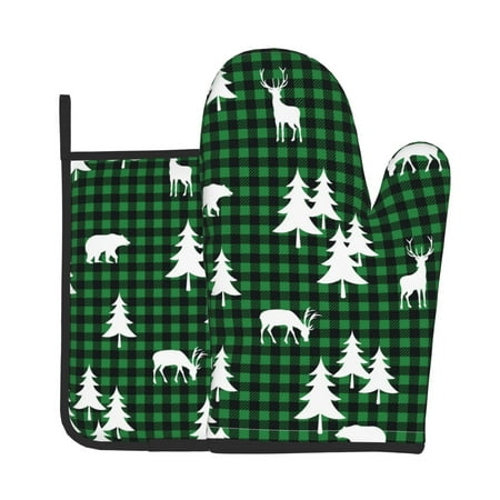 

Jgfou Christmas tree green plaid Pattern Oven Mitts and Pot Holders Sets Heat Resistant Oven Mittens Soft Lining Extra Thicken Long Kitchen Cotton Oven Glove for Cooking