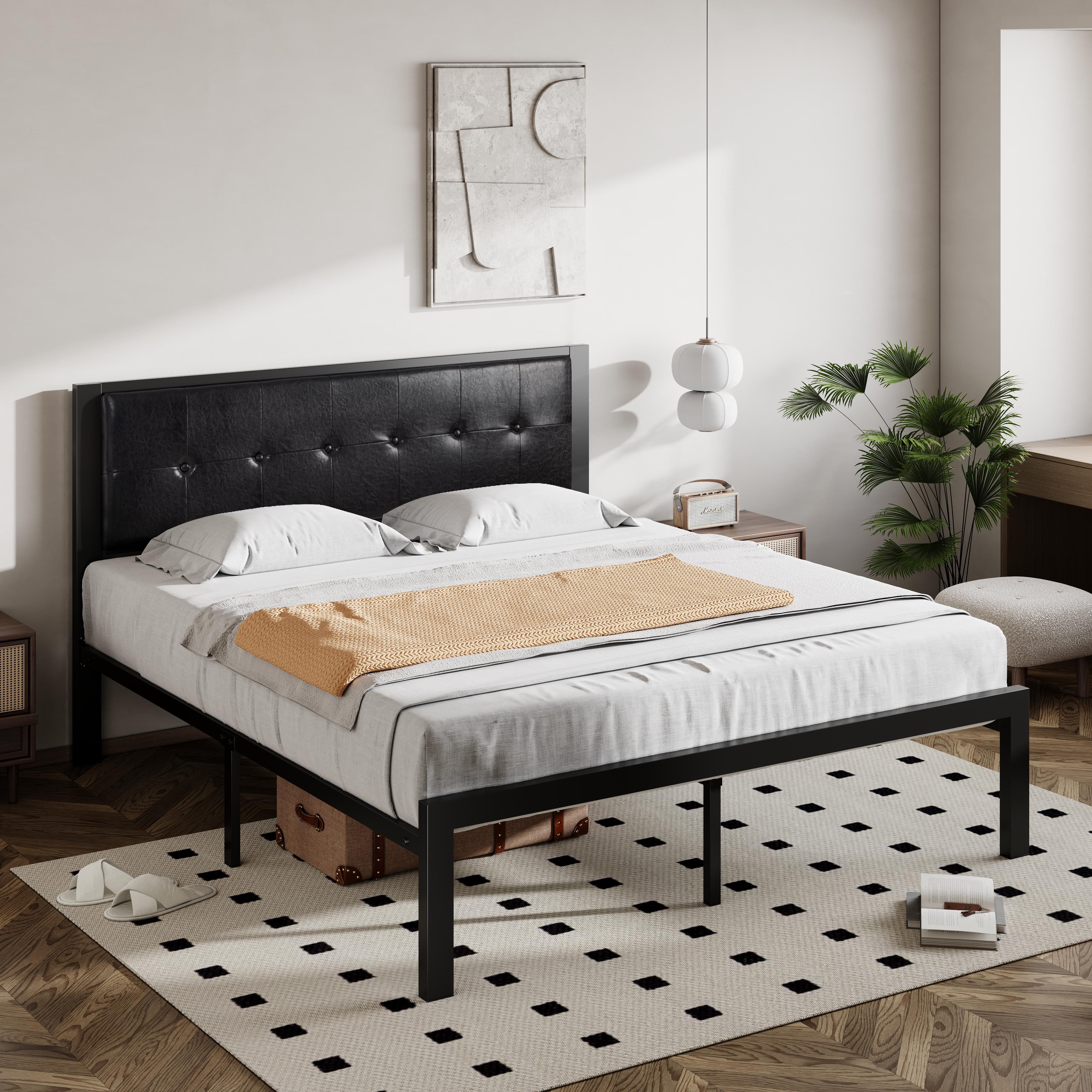 Allewie Queen Size Faux Leather Platform Bed Frame Button Tufted Square ...