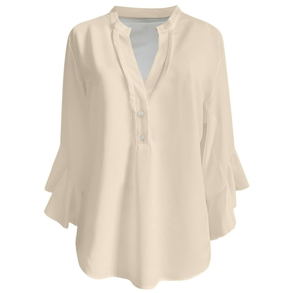 MIXUE Women Blouses Summer Solid Color V Neck Button Down Short Sleeve Loose Fit Casual Womens Tops Sportswear,Beige,L