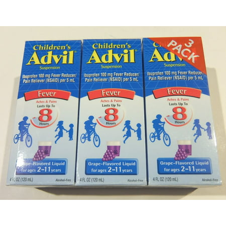 4 Pack: Children's Advil Suspension Ibuprofen 100mg Fast Pain Reliever and Fever Reducer Last up to 8 Hours Grape Flavor Liquid for Ages 2 to 11 Years -  4 Oz
