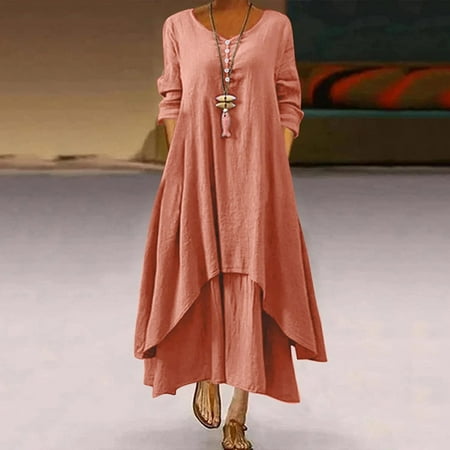 

Plus Size Cotton Linen Maxi Dresses for Women Button Down Half Sleeve Crewneck Baggy Dress Irregular Hem Layered Pocket Dress