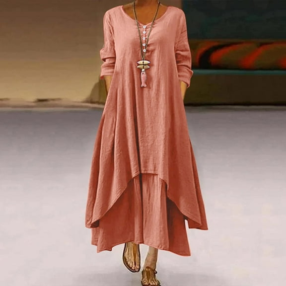 asdoklhq Plus Size Dresses for Women,Women's Plus Size Round-Neck Solid Long Dress Helf Sleeve Buttons Dress