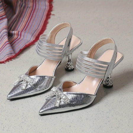 

Women s Rhinestone Bowknot Sandals Ankle Elastic Strap Slip On Chunky Heel Dress Shoes Point Toe Slingback Shoes