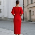 thumbnail image 2 of Morttic Women's Elegant Solid Color Short Sleeve Midi Dress – Slim Fit Intellectual Style Office Wear Red，S, 2 of 3