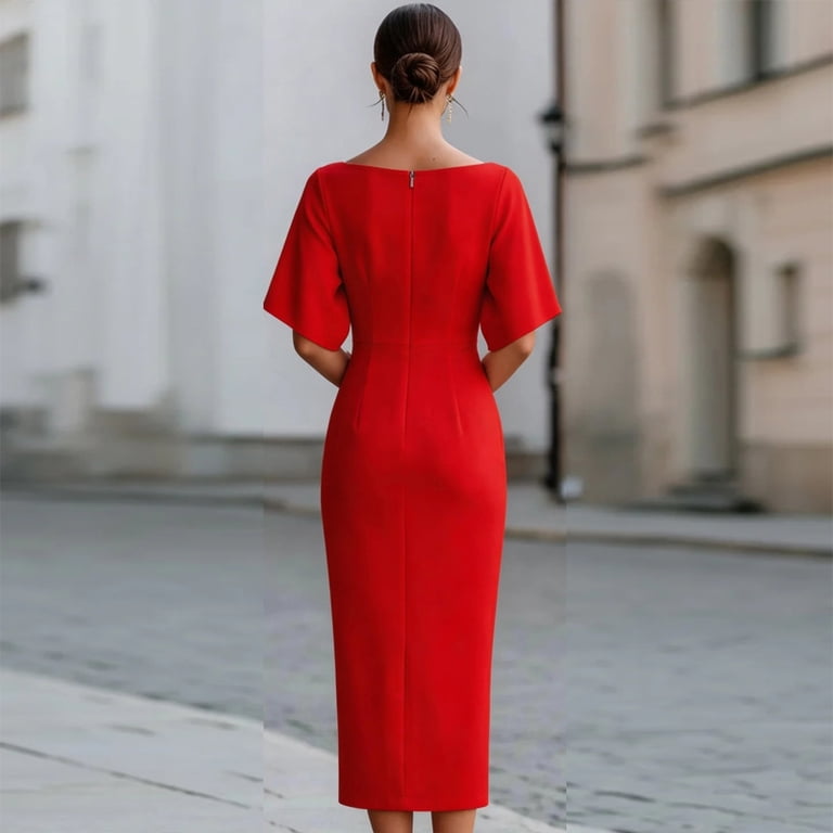 red elegant midi dress Linen Blend Red Off Shoulder Midi Dress - All Dresses