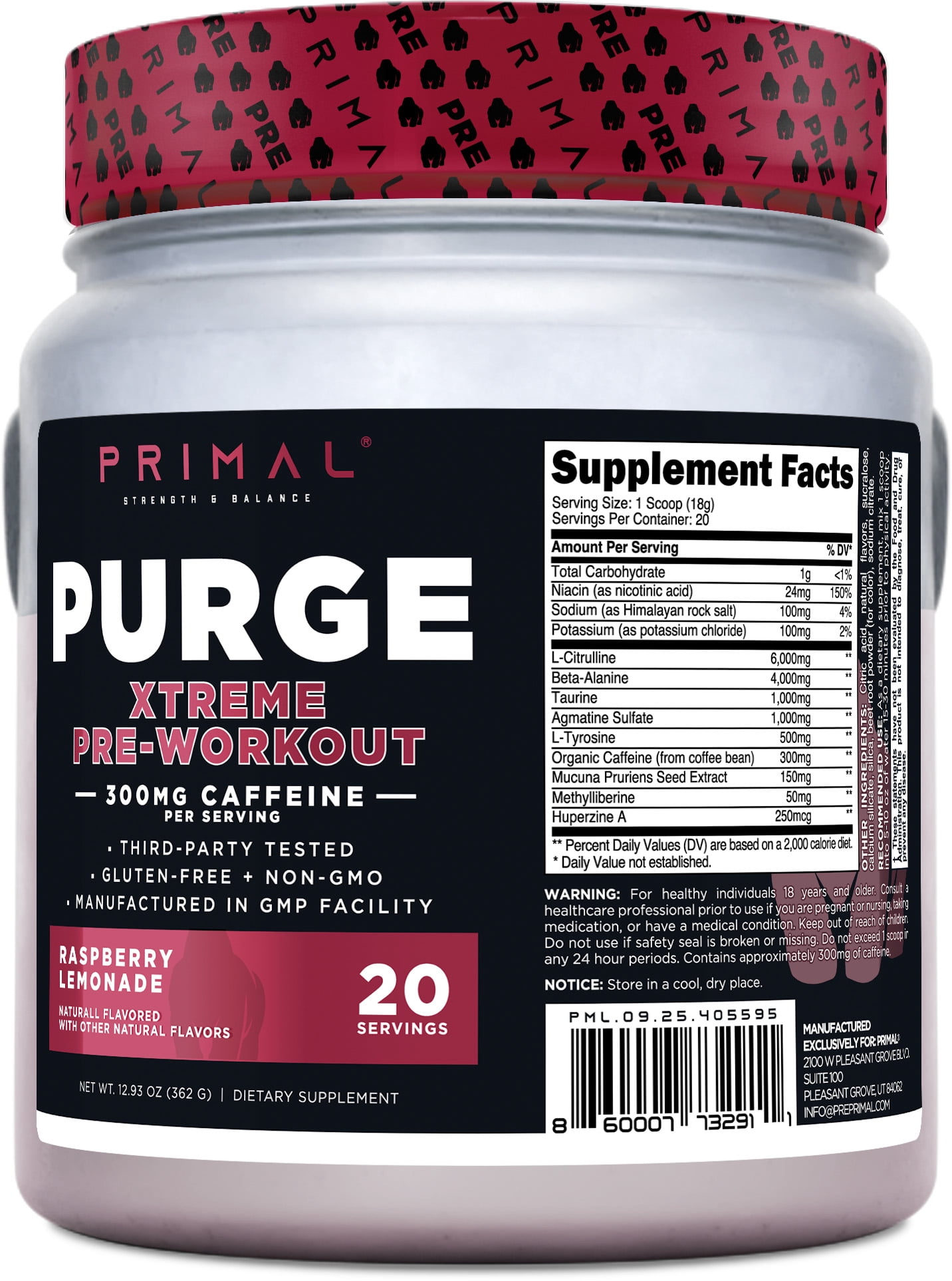 Primal Purge Xtreme Pre-Workout (Raspberry Lemonade Flavor) (20 servings) - Gluten-Free + Non-GMO