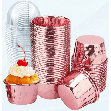 100 Pack 3.5 Oz Foil Baking Cups with Dome Lids Disposable Mini Cupcake Liner Muffin Tins Liners Cupcake Wrappers for Wedding Birthday Valentine,Rose Gold