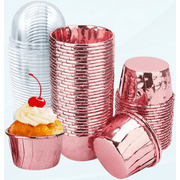 100 Pack 3.5 Oz Foil Baking Cups with Dome Lids Disposable Mini Cupcake Liner Muffin Tins Liners Cupcake Wrappers for Wedding Birthday Valentine,Rose Gold