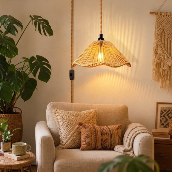 Retro Industrial Style Plastic Hand-Woven Rattan Pendant Light, Adjustable Hanging Cord Metal Cage Ceiling Lamp for Kitchen Island Dining Room Bedroom Decor
