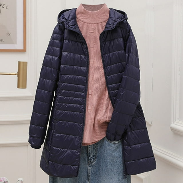 Parkas de manga larga para mujer, chaqueta de plumón ligera con capucha, chaqueta fina de talla mediana, larga y grande para mujer