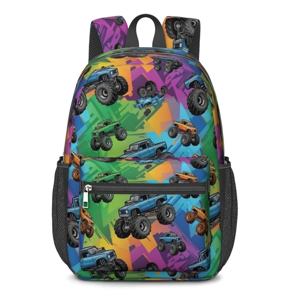 Monster Cartoon Truck Purple Pattern 17" School Backpacks for Teens,Waterproof Oxford Fabric,S-Shape Padded Straps for School,Travel,Hiking,Camping