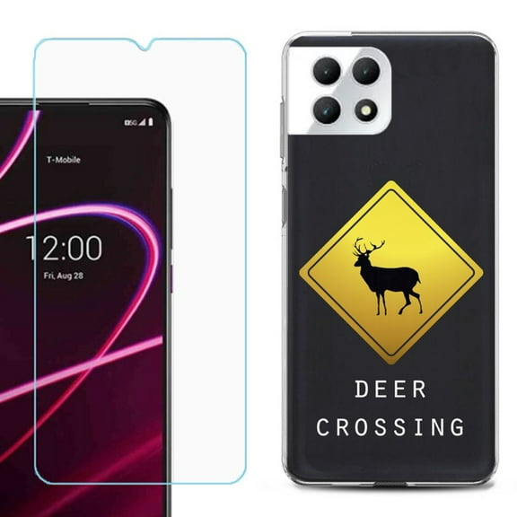 Phone Case for T-Mobile Revvl 7 5G, Shockproof Case Cover with Tempered Glass Screen Protector, by OneToughShield - Road Sign Deer