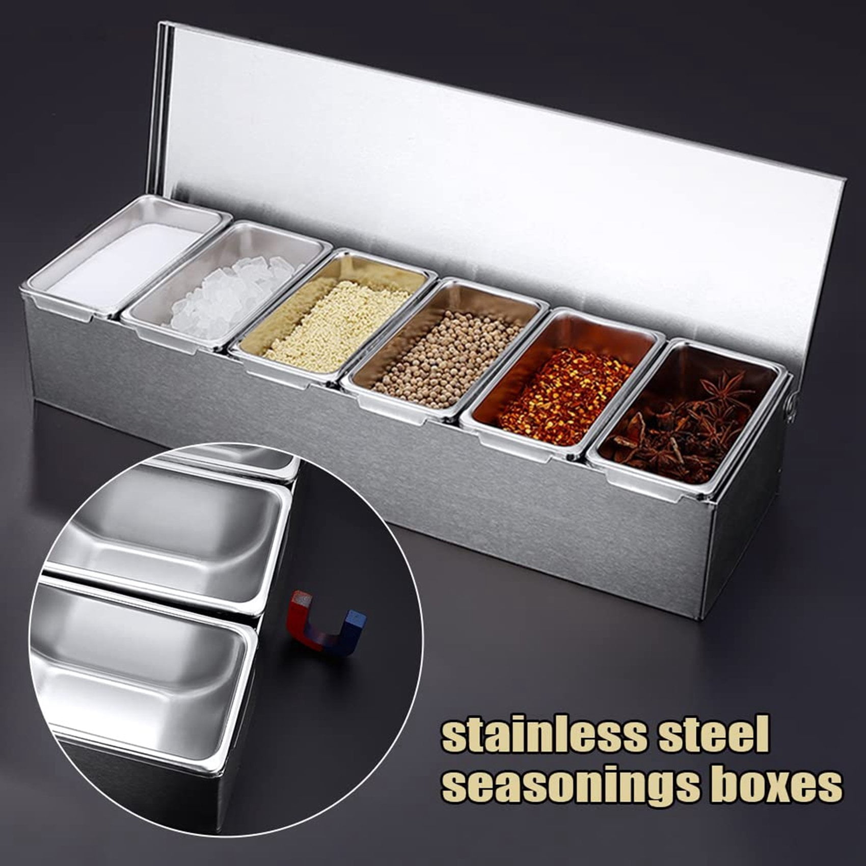 6 Grids Spice Canisters Stainless Steel Ingredient Containers Condiment