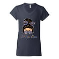 thumbnail image 3 of Autism Awareness Mom Life Messy Hair Bun | Cool Support Neon Print Bandana Mother's Day Womenâ€™s Standard V-Neck Tee, Navy, Medium, 3 of 5